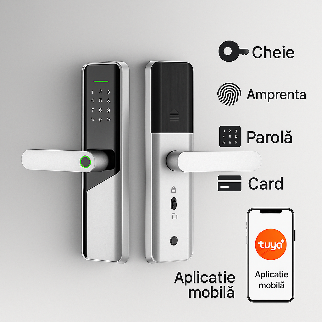 Incuietoare inteligenta LUBAN din alama pentru usa din lemn, cu amprenta, PIN, card, Tuya si cheie mecanica