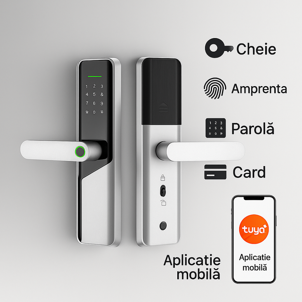Incuietoare inteligenta LUBAN din alama pentru usa din lemn, cu amprenta, PIN, card, Tuya si cheie mecanica