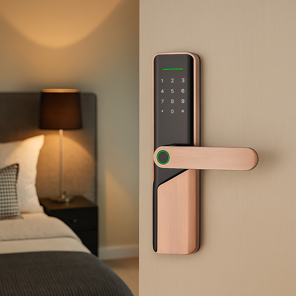 Incuietoare inteligenta LUBAN din alama pentru usa de dormitor, cu amprenta, PIN, card, Tuya si cheie mecanica