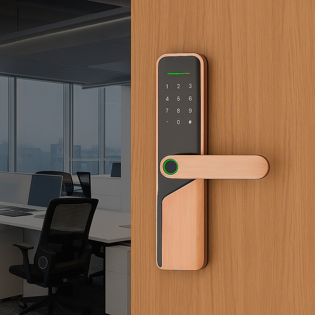 Incuietoare inteligenta LUBAN din alama pentru usa de birou, cu amprenta, PIN, card, Tuya si cheie mecanica