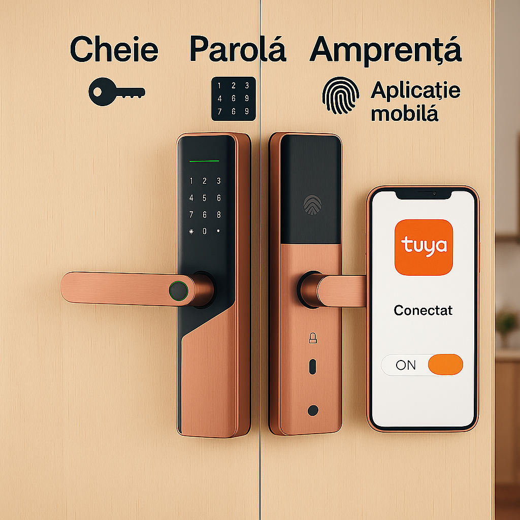 Incuietoare inteligenta LUBAN din alama pentru usa de interior, cu amprenta, PIN, card, Tuya si cheie mecanica