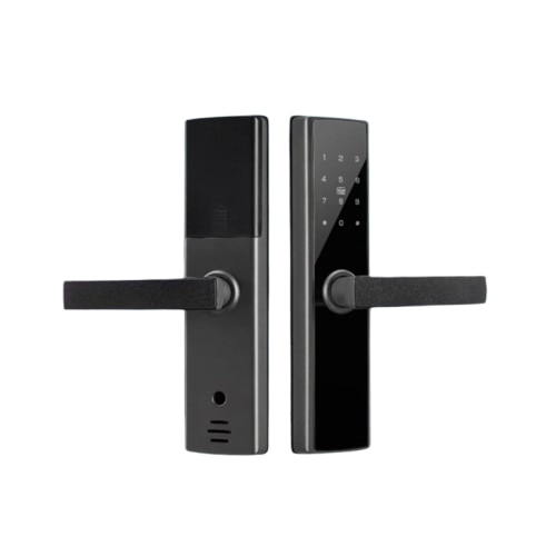 Incuietoare inteligenta LUBAN neagra pentru usa din lemn, cu amprenta, PIN, card, Tuya si cheie mecanica. Design premium si montaj usor.