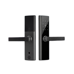 Incuietoare inteligenta LUBAN neagra pentru usa din lemn, cu amprenta, PIN, card, Tuya si cheie mecanica. Design premium si montaj usor.