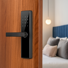 Incuietoare inteligenta LUBAN neagra pentru usa de dormitor, cu amprenta, PIN, card, Tuya si cheie mecanica. Siguranta ridicata si instalare rapida.