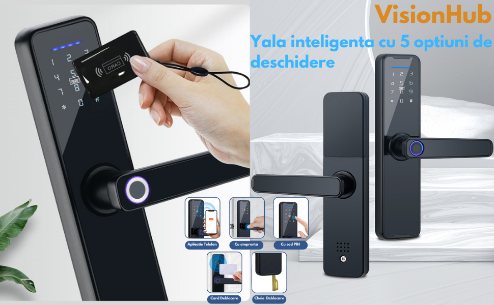 Incuietoare inteligenta LUBAN neagra pentru usa din lemn, cu amprenta, PIN, card, Tuya si cheie mecanica. Design premium si montaj usor.