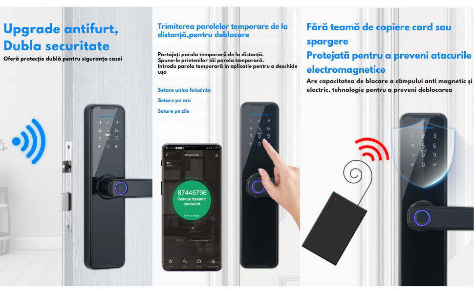 Incuietoare inteligenta LUBAN neagra pentru usa din lemn, cu amprenta, PIN, card, Tuya si cheie mecanica. Design premium si montaj usor.