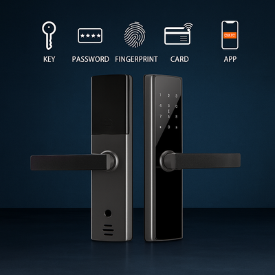 Incuietoare inteligenta LUBAN neagra pentru usa din lemn, cu amprenta, PIN, card, Tuya si cheie mecanica. Design premium si montaj usor.