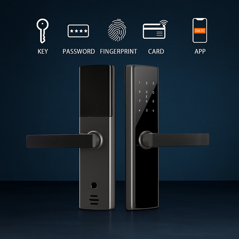 Incuietoare inteligenta LUBAN neagra pentru usa din lemn, cu amprenta, PIN, card, Tuya si cheie mecanica. Design premium si montaj usor.