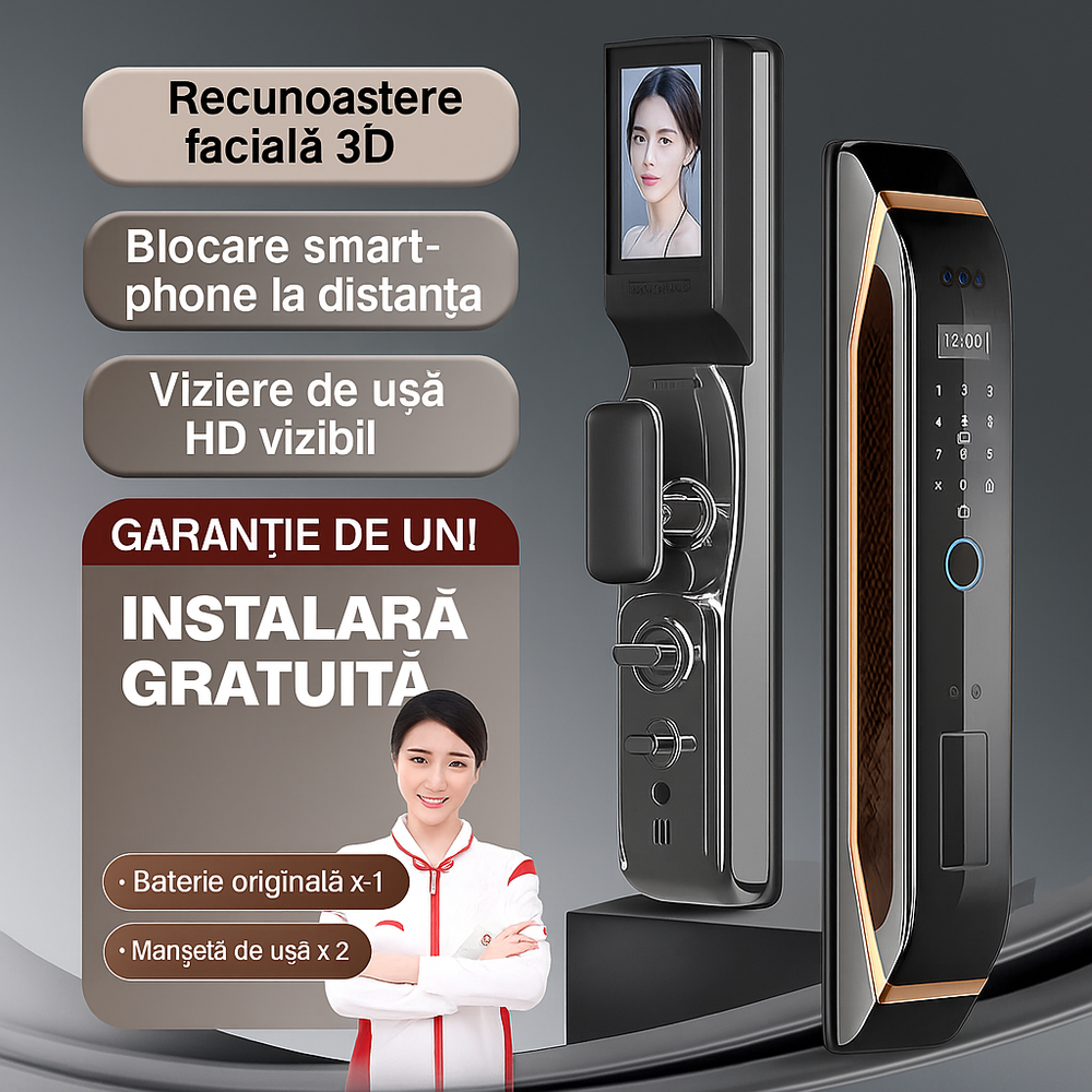 Incuietoare inteligenta LUBAN Pro pentru usa blindata, cu recunoastere faciala, amprenta, PIN, card IC si USmartGo