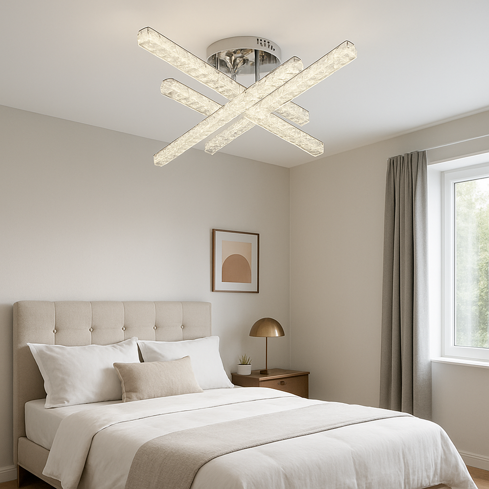 Lustra LED patrata alb JB003-4 cu telecomanda, instalata in dormitor modern, lumină reglabila pentru confort si relaxare