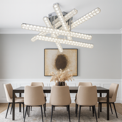 Lustra LED patrata alba JB003-6 cu telecomanda, montata in zona de dining, luminare LED uniforma si reglabila