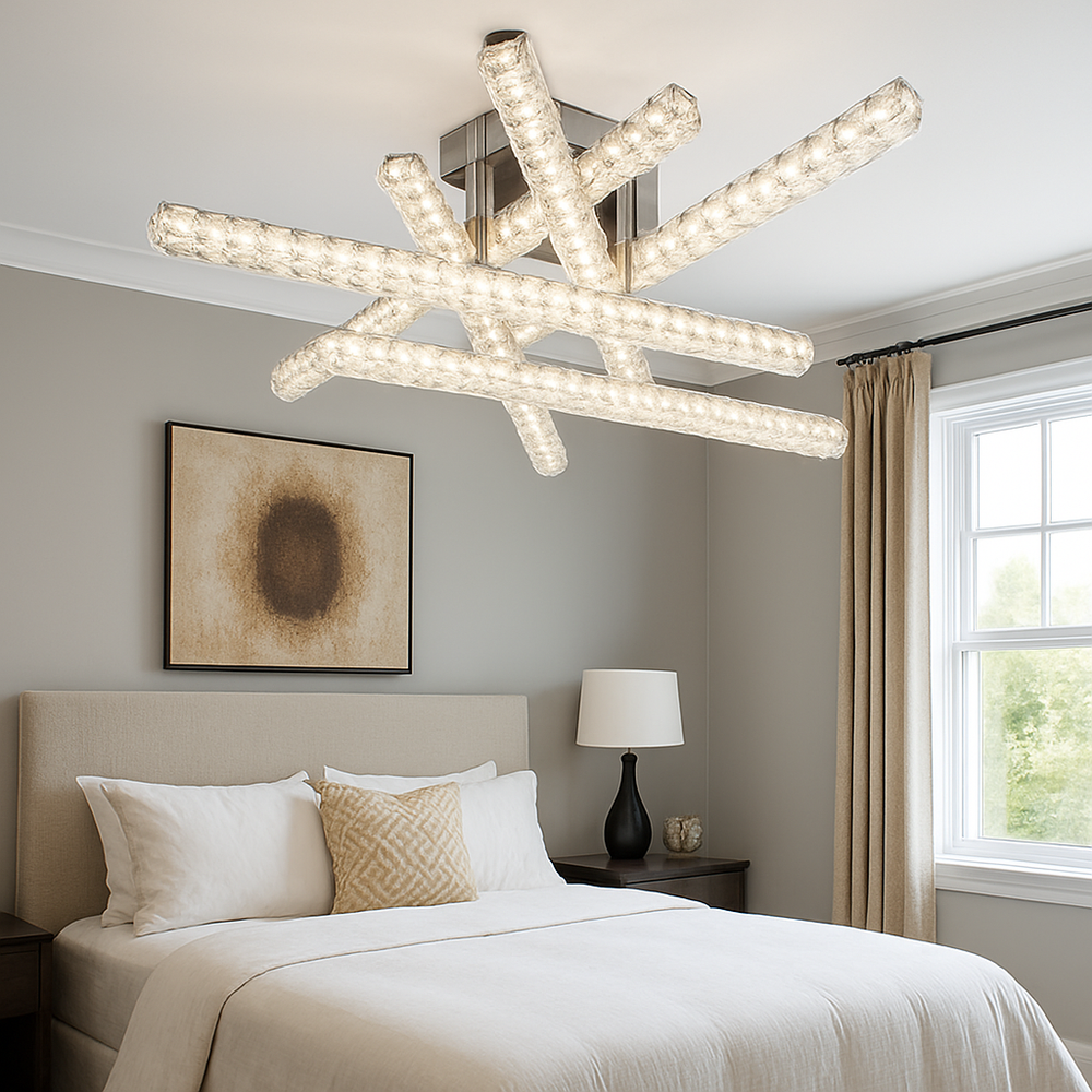 Lustra LED patrata alba JB003-6 cu telecomanda, instalata in dormitor modern, lumina LED reglabila pentru confort vizual