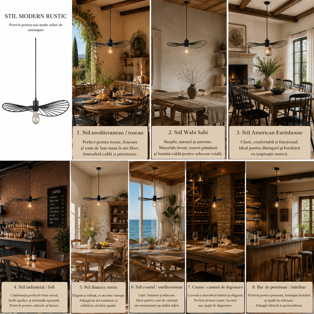 Pendul LED JD-370 suspendat deasupra mesei din dining, corp de iluminat rustic-industrial cu dulie E27 și design minimalist.
