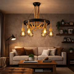 Pendul LED JD-601 E27 cu 6 surse montat in living modern, iluminat principal uniform si decorativ pentru spatiu generos