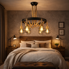 Pendul LED JD-601 cu 6 surse E27 instalat in dormitor spatios, iluminat principal elegant si bine distribuit