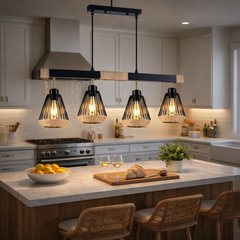 Pendul LED JD-66 E27 cu 4 surse montat in bucatarie moderna, iluminat principal uniform pentru spatiu functional