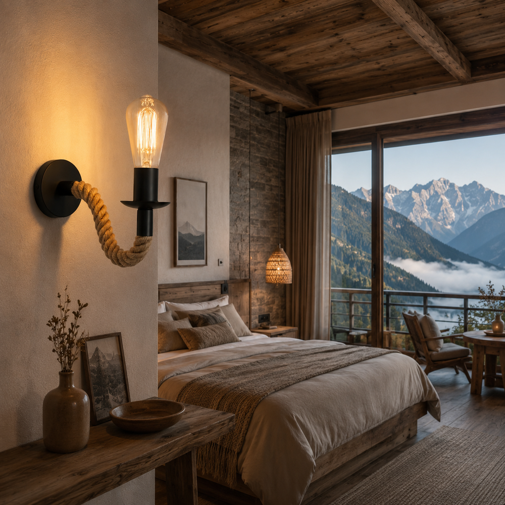 Aplică de perete JD-05 instalată într-un dormitor în stil rustic, corp de iluminat cu frânghie decorativă, metal negru și bec E27.
