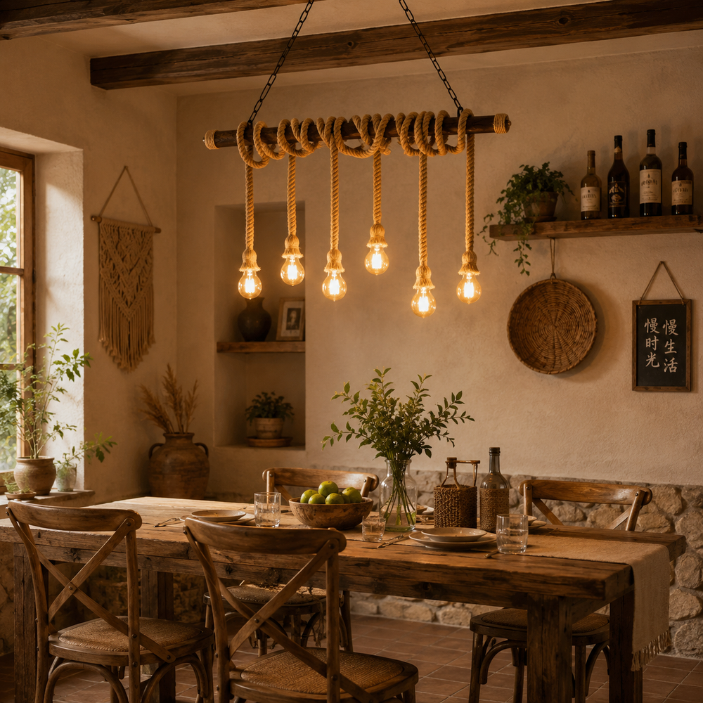 Pendul LED JD-100 suspendat deasupra meselor din restaurant, design rustic-industrial cu frânghii decorative, structură metalică și iluminare cu dulii E27.