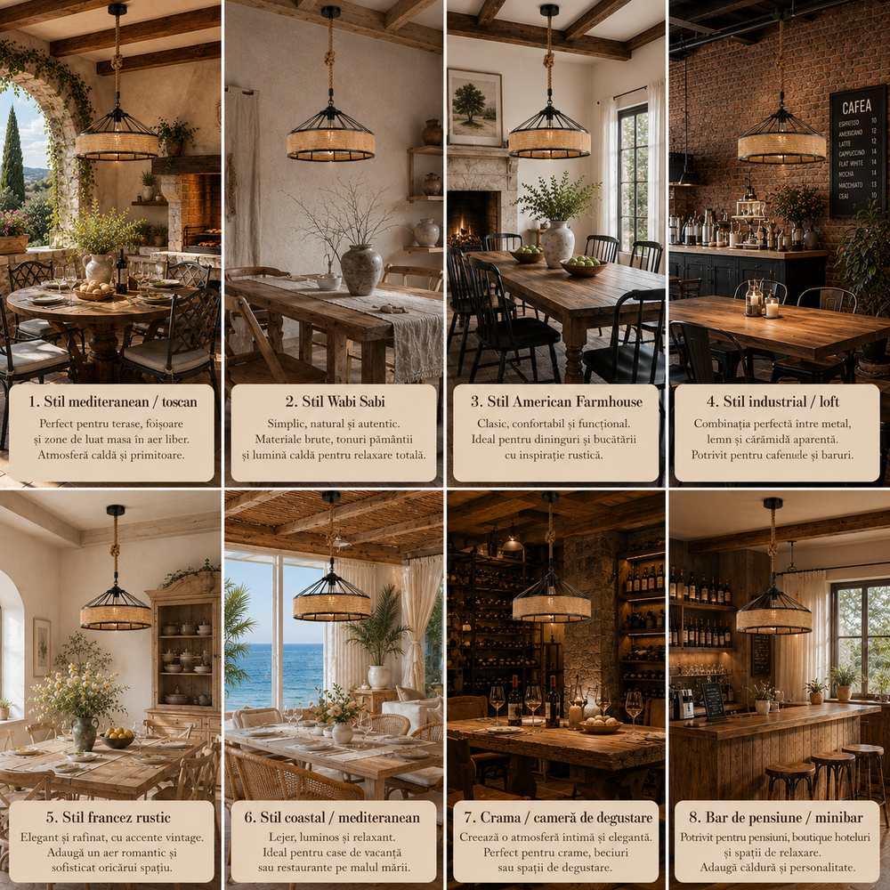 Pendul LED JD-400 suspendat deasupra mesei din dining, corp de iluminat rustic-industrial cu dulie E27 și design elegant minimalist.