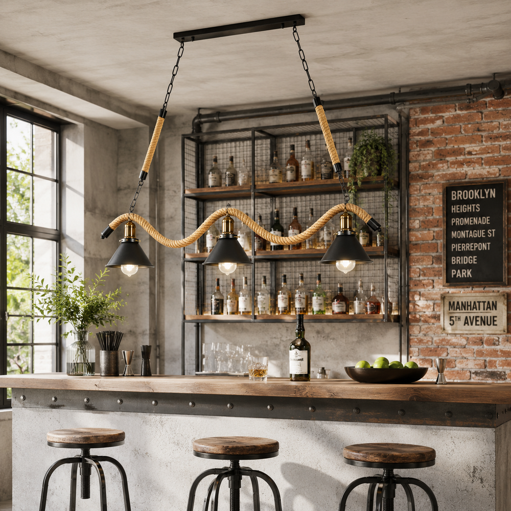 Lustră JD-76 montată într-un bar cu design rustic-industrial, realizată din frânghii decorative și metal, cu becuri Edison E27 și atmosferă vintage.