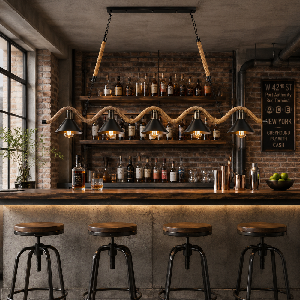 Pendul LED JD-77 montat într-un bar în stil industrial, corp de iluminat suspendat cu frânghie decorativă, abajururi negre și dulii E27.