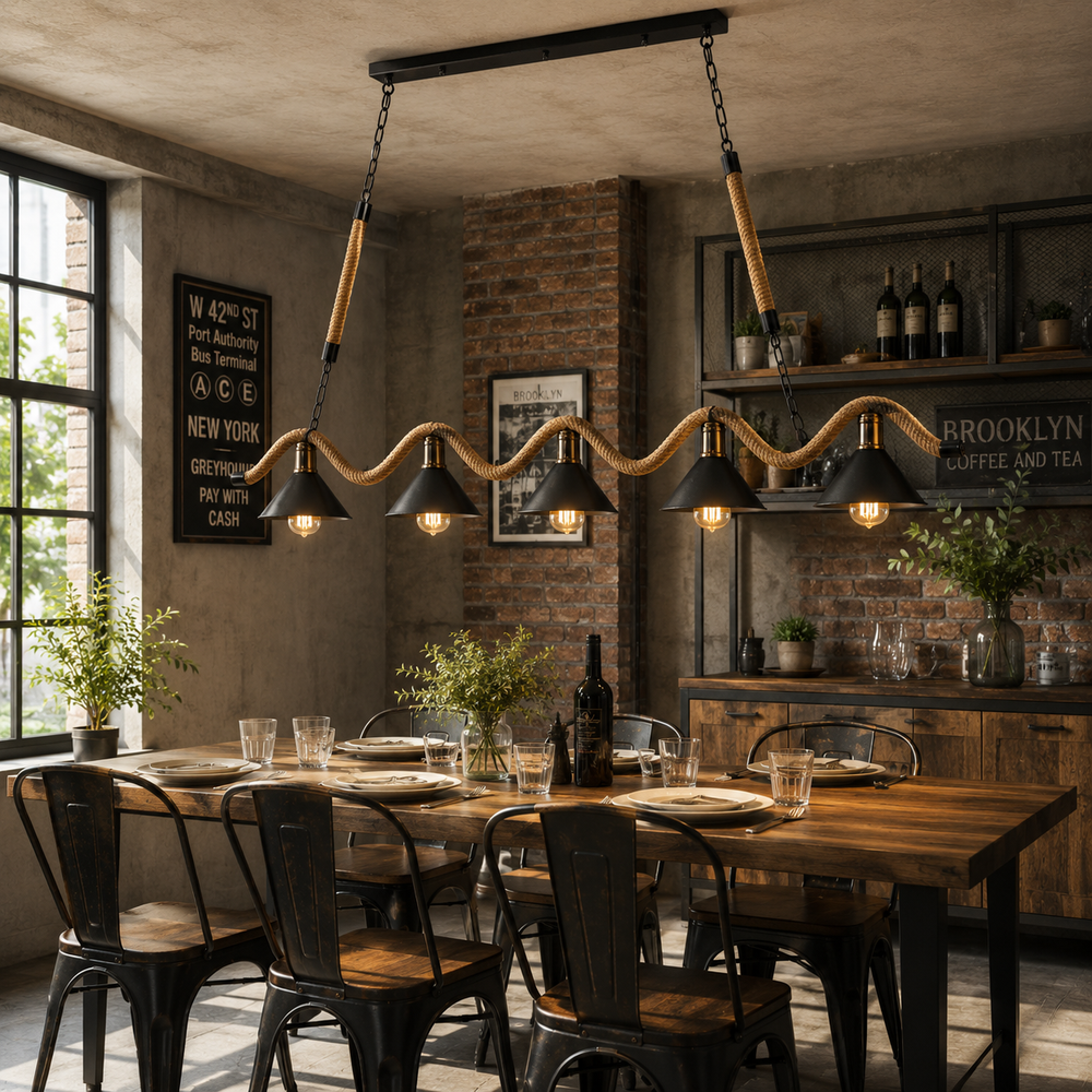 Pendul LED JD-77 suspendat deasupra mesei din dining, design rustic-industrial cu frânghie decorativă, lanțuri metalice și 5 abajururi conice negre.
