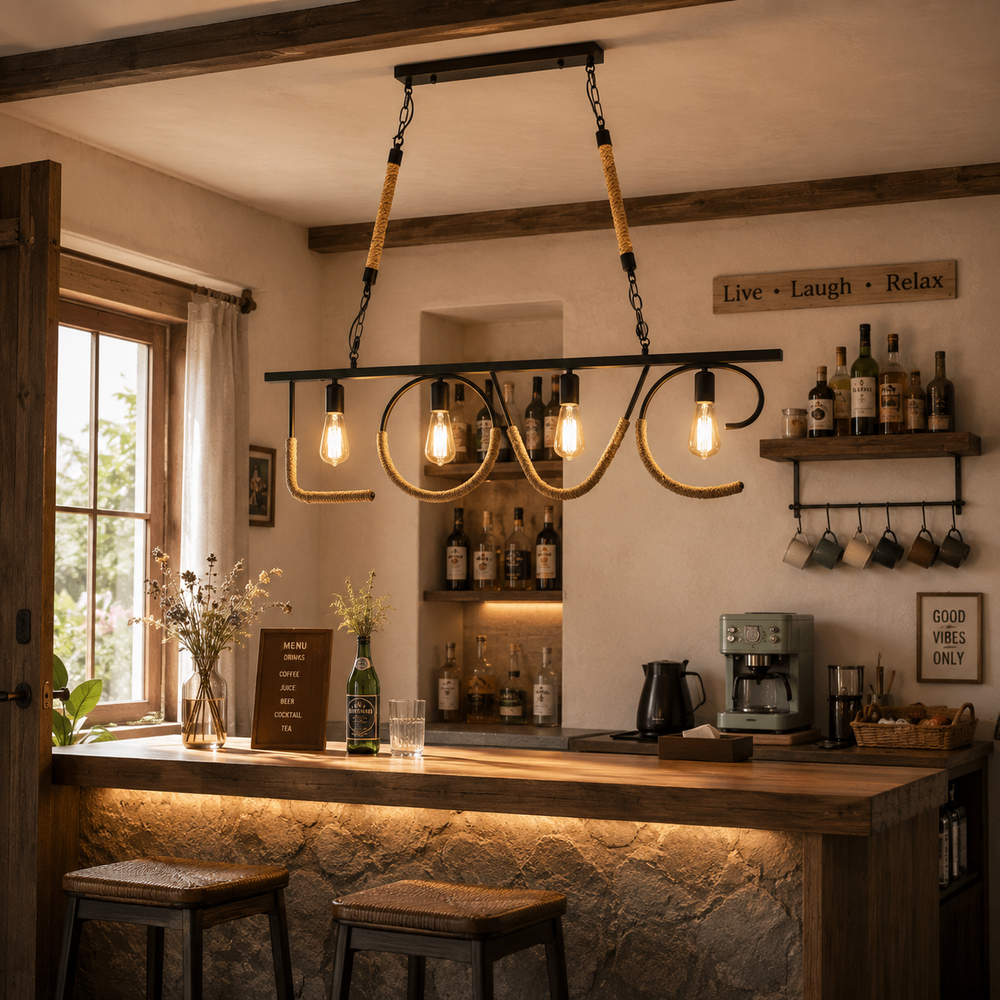 Pendul LED JD-83 montat într-un bar în stil rustic-industrial, cu frânghii decorative, structură metalică și iluminare suspendată cu dulii E27.