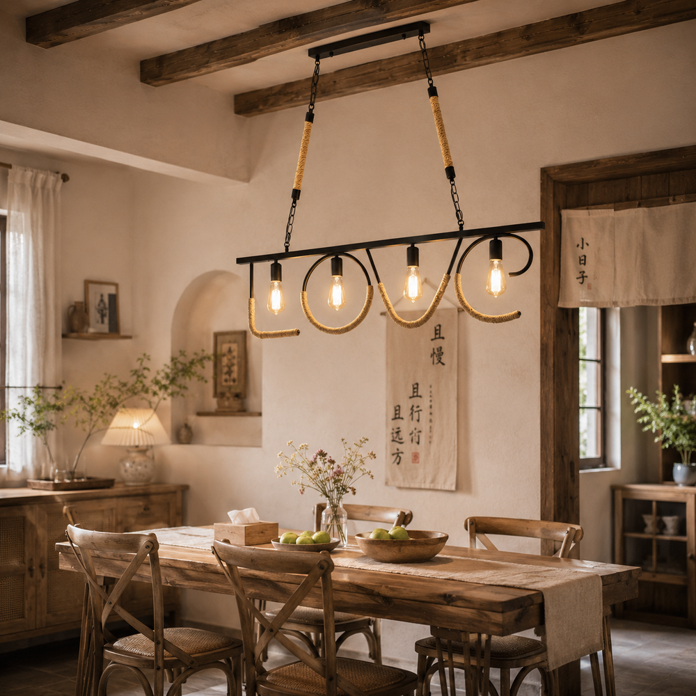 Pendul LED JD-83 instalat într-un restaurant modern cu design rustic, corp de iluminat suspendat cu frânghii decorative și stil industrial elegant.