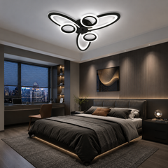 Lustra LED Neagra 6 Cercuri, 96W, 3000-6500K, Telecomanda Inclusa, Model L71591/3+3