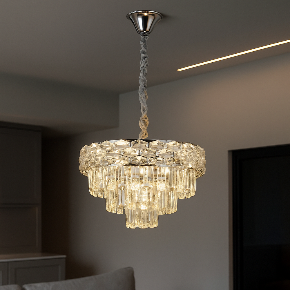 Candelabru rotund crom Ø400 mm cu 5 socluri E27, montat in living modern, lumina calda personalizabila, design elegant pentru spatiu primitor
