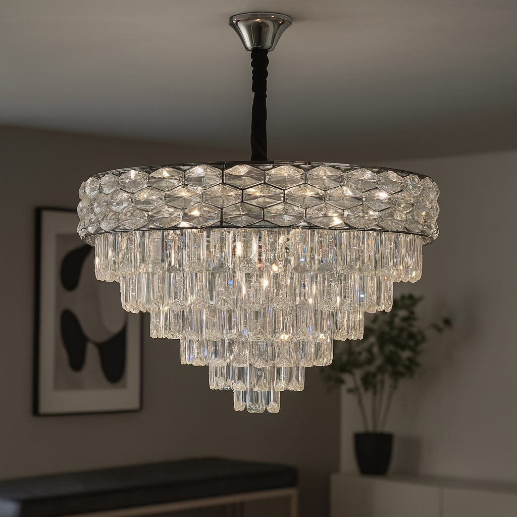 Candelabru rotund crom Ø600 mm cu 10 socluri E27, montat in living mare, iluminare puternica si uniforma, design clasic elegant