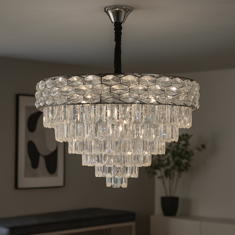 Candelabru rotund crom Ø600 mm cu 10 socluri E27, montat in living mare, iluminare puternica si uniforma, design clasic elegant