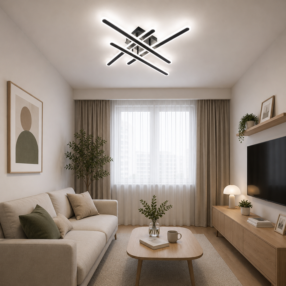 Lustra LED Modernă 73030/4BK neagră instalată într-un living contemporan, corp de iluminat cu design geometric minimalist și lumină LED reglabilă.
