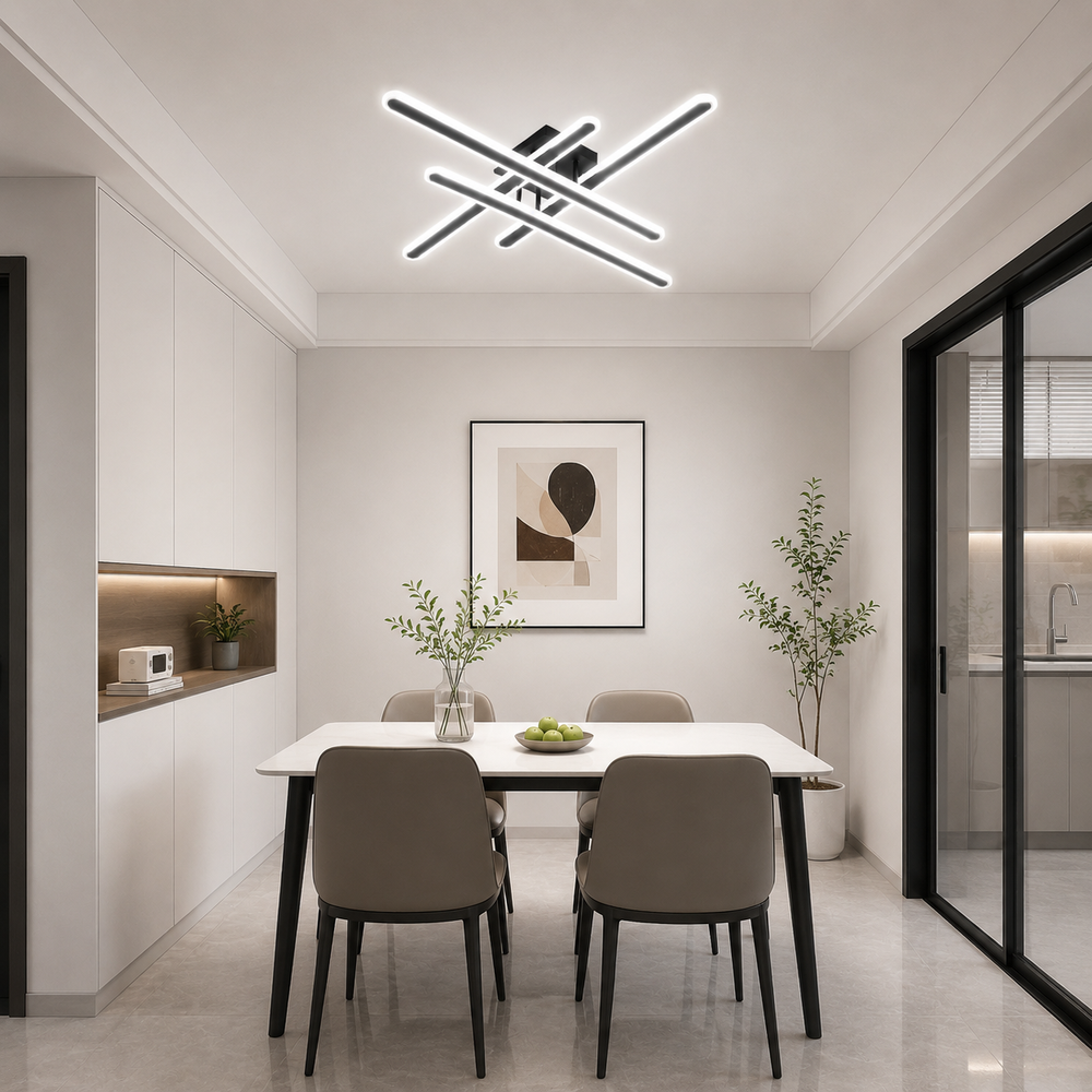 Lustra LED Modernă 73030/4BK cu finisaj negru mat deasupra mesei din dining, iluminare LED modernă cu temperatură de culoare reglabilă.
