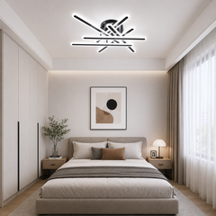 Lustra LED Modernă 73030/6BK neagră cu șase bare LED și design geometric minimalist montată într-un dormitor modern, iluminare reglabilă cu telecomandă.