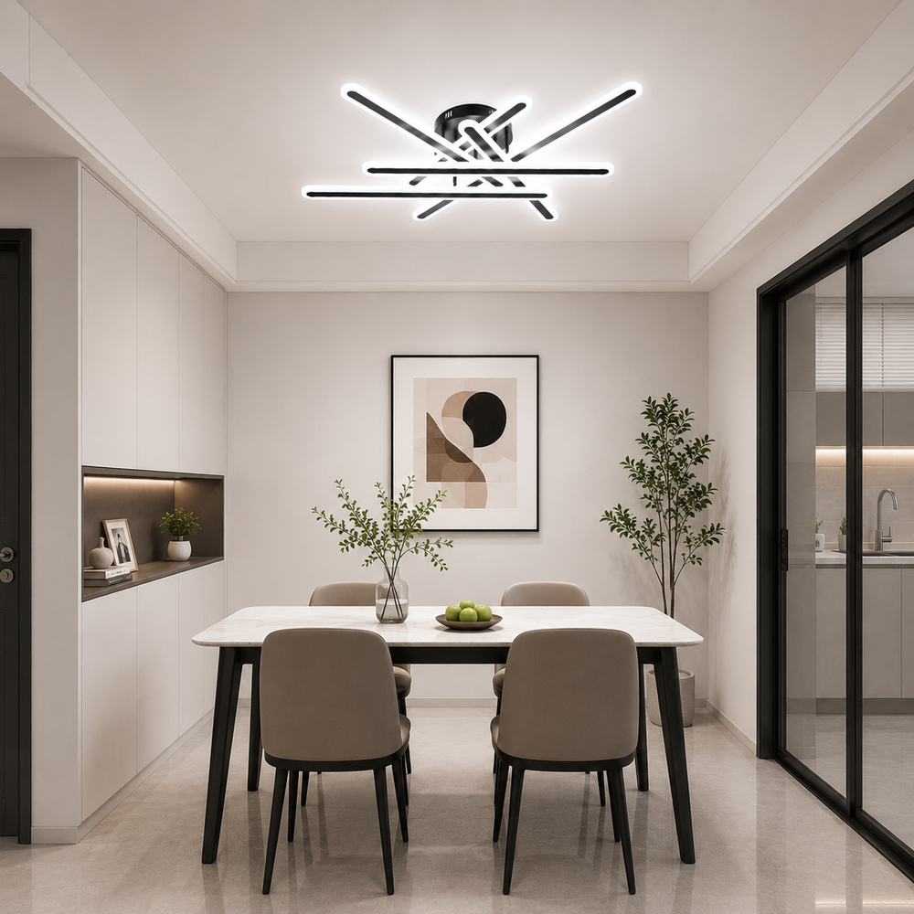 Lustra LED Modernă 73030/6BK cu finisaj negru mat deasupra mesei din dining, design geometric modern și iluminare LED uniformă.