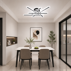 Lustra LED Modernă 73030/6BK cu finisaj negru mat deasupra mesei din dining, design geometric modern și iluminare LED uniformă.