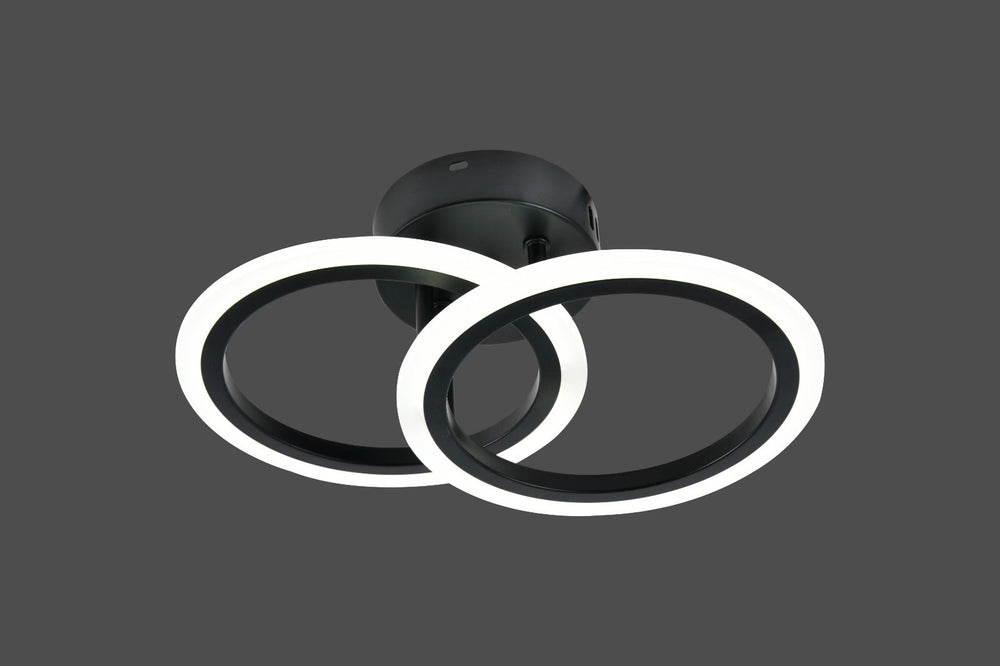 Lustra LED neagra doua cercuri 36W cu telecomanda, montata pe tavan in hol modern cu design minimalist si lumina ajustabila 3000-6500K
