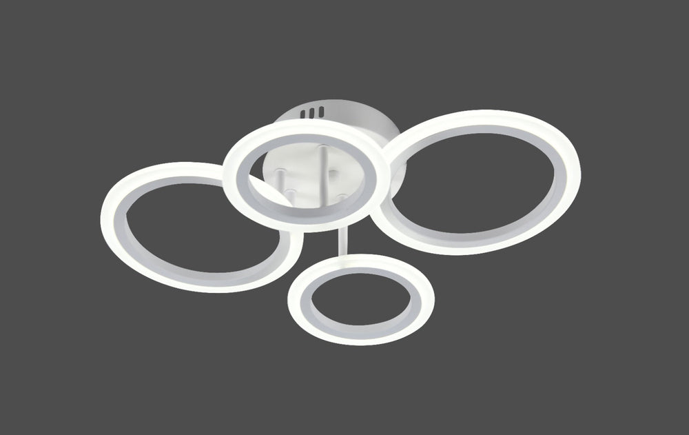 Lustra LED alba patru cercuri 60W cu telecomanda, montata in bucatarie moderna, lumina ajustabila 3000-6500K pentru iluminare puternica si eficienta