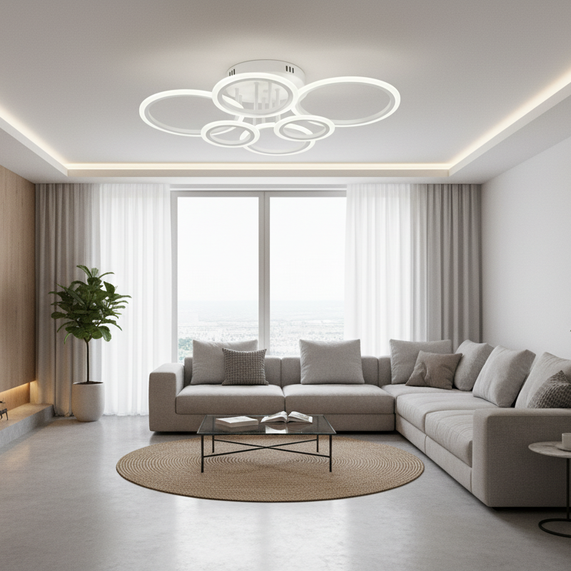 Lustra LED alba sase cercuri 112W cu telecomanda, instalata in living spatios modern, iluminare LED reglabila 3000-6500K si design elegant