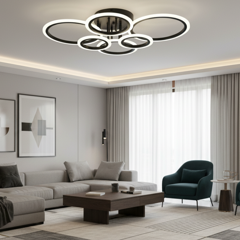 Lustra LED neagra sase cercuri 112W cu telecomanda, instalata in living spatios modern, iluminare LED reglabila 3000-6500K si design contemporan