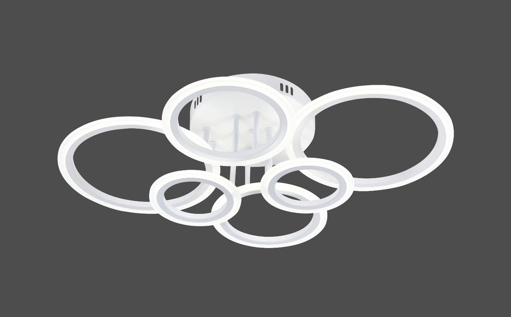 Lustra LED alba sase cercuri 112W cu telecomanda, instalata in living spatios modern, iluminare LED reglabila 3000-6500K si design elegant