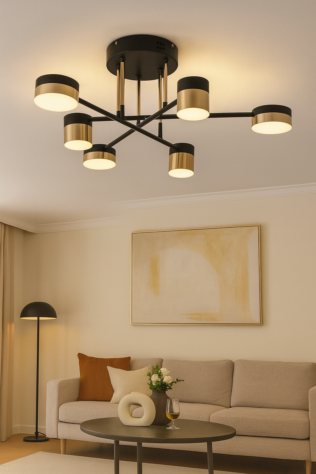 ustra LED black-gold cu 6 brate in living modern, lumina reglabila 3000–6500K controlata prin telecomanda.