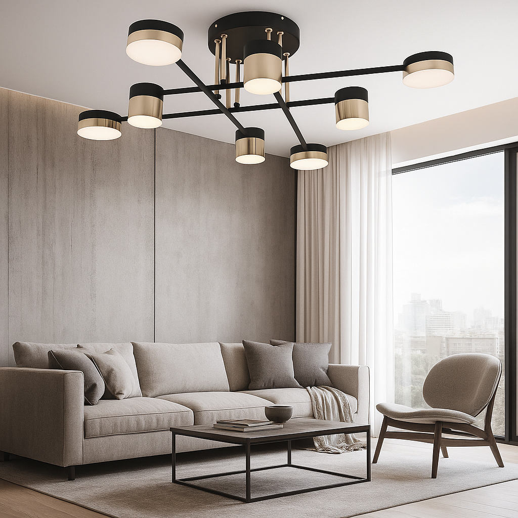 Lustra LED moderna cu 8 brate black-gold in living spatios, iluminare reglabila 3000–6500K cu telecomanda