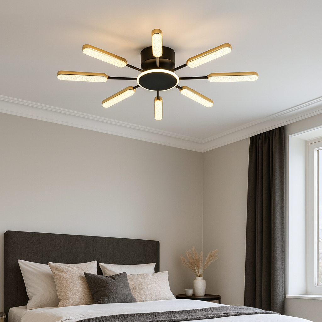 Lustra LED raze luminoase negru JIN 65x2W cu telecomanda, lumina ajustabila calda rece pentru dormitor elegant