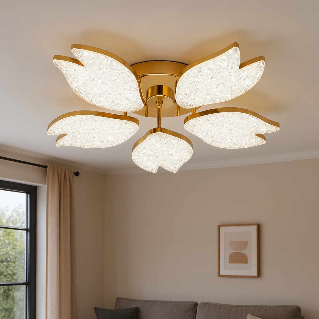 Lustra LED moderna auriu, Ø61 cm, cu petale acril si lumina reglabila prin telecomanda, ideala pentru living modern si elegant, model 9141/5 FGD.