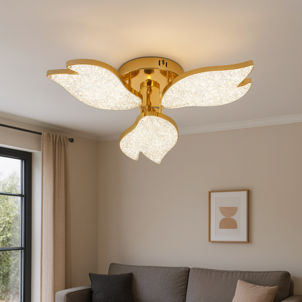 Lustra LED moderna auriu cu trei petale acril, Ø54 cm, lumina reglabila prin telecomanda, ideala pentru living modern si elegant, model 9141/3 FGD.