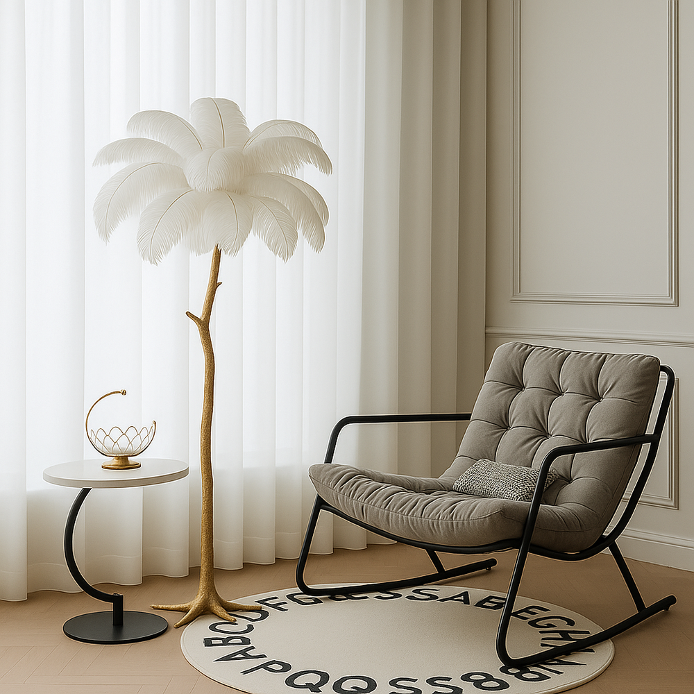 Lampadar A888-3L cu pene albe si baza aurie, ideal pentru living modern si accent decorativ luxos.