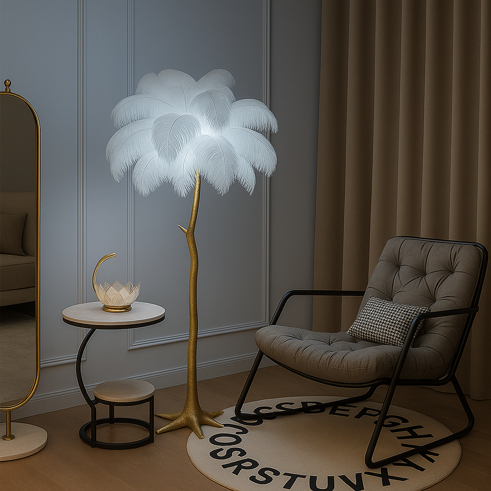 Lampadar A888-3L cu pene albe si baza aurie, ideal pentru living modern si accent decorativ luxos.