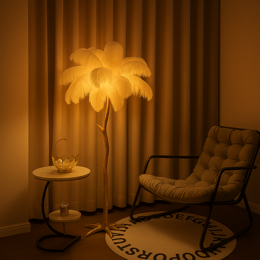 Lampadar A888-3L cu pene albe si baza aurie, ideal pentru living modern si accent decorativ luxos.